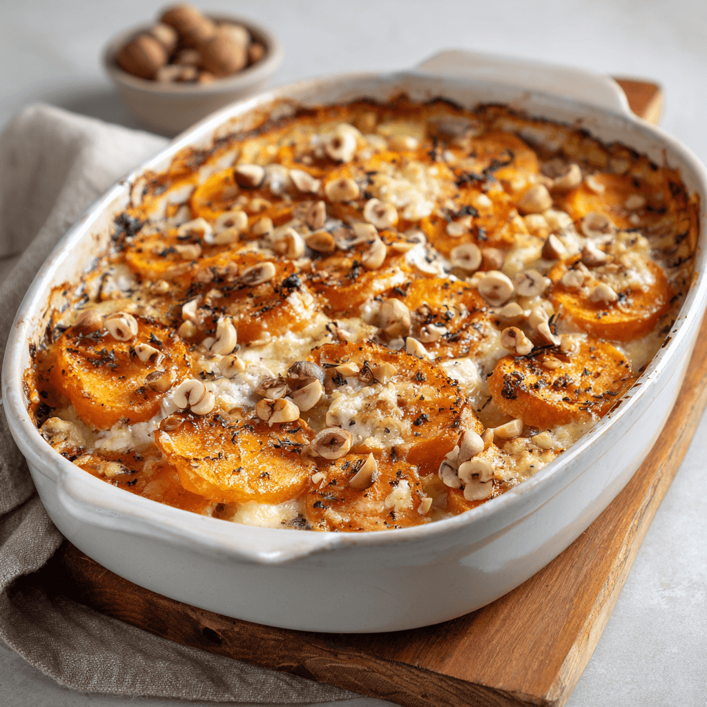 Gratin de patates douces au chèvre et noisettes : un délice crémeux à découvrir !