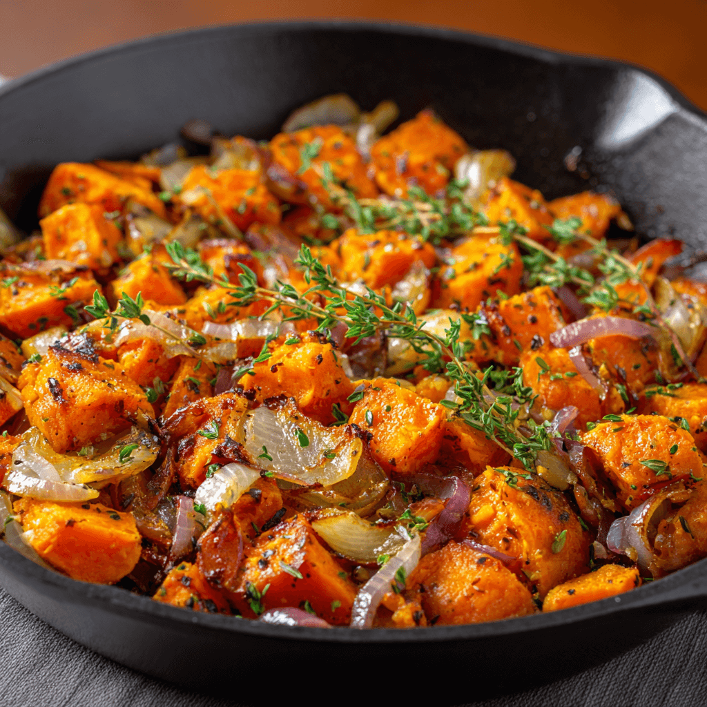 Poêlée de Patates Douces Sautées aux Oignons, Ail et Thym : Savourez un plat délicieux et sain !