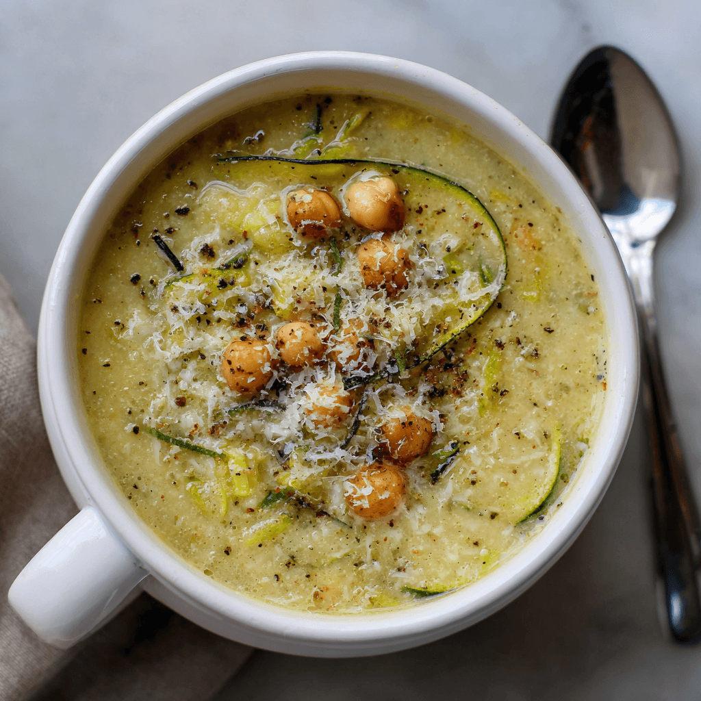 Soupe de courgettes, pois-chiche et parmesan délicieuse à découvrir !