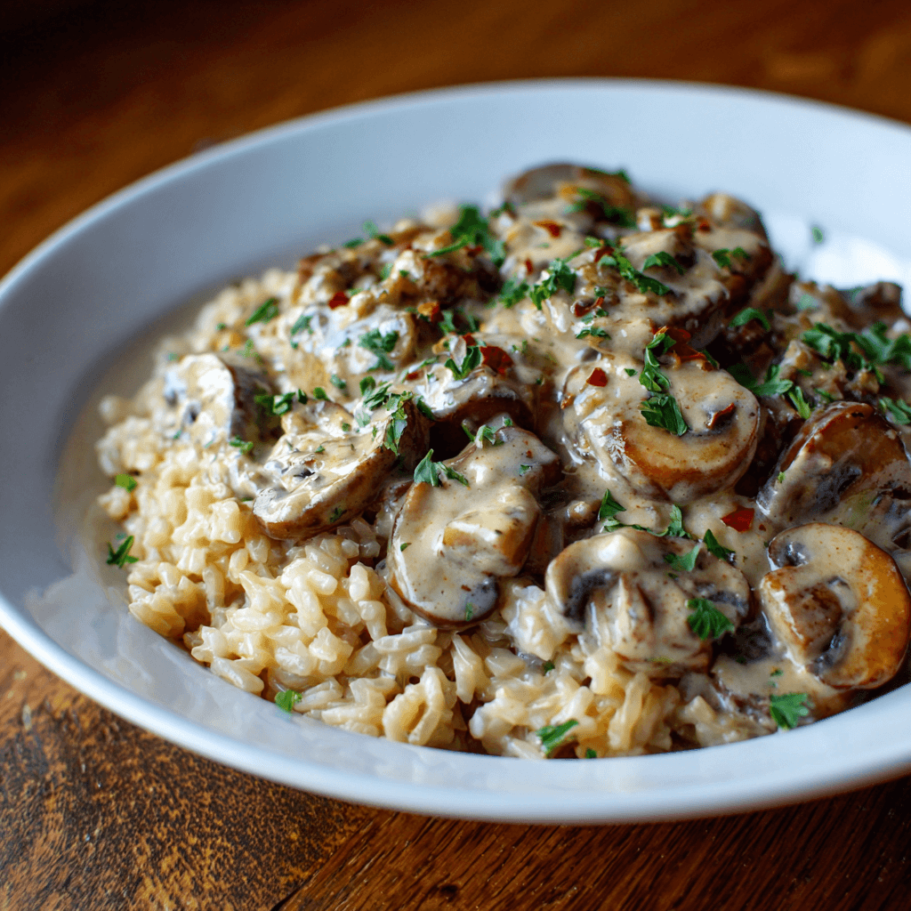 Stroganoff Crémeux aux Champignons et Riz Complet : Savourez une Délicieuse Recette Facile !