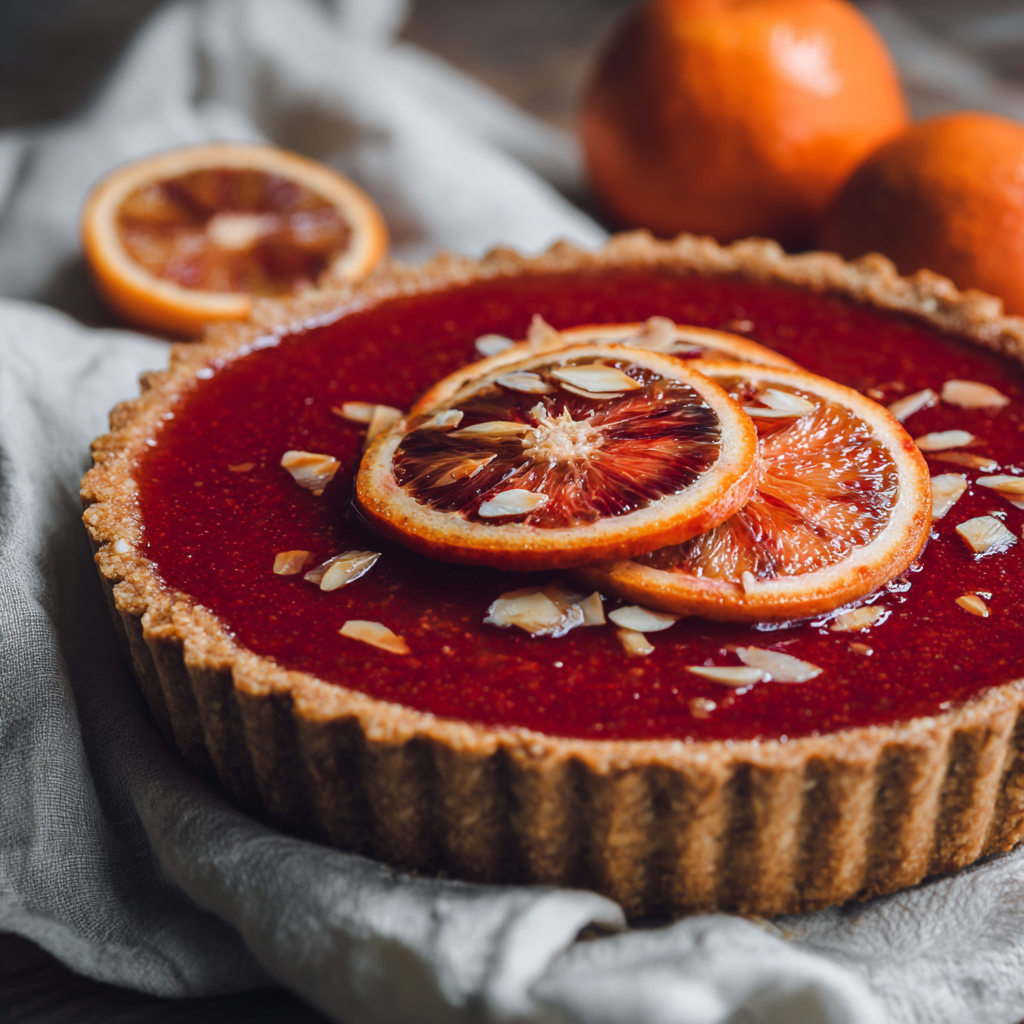 Tarte à l'orange sanguine et croûte aux amandes : découvrez la recette délicieuse !