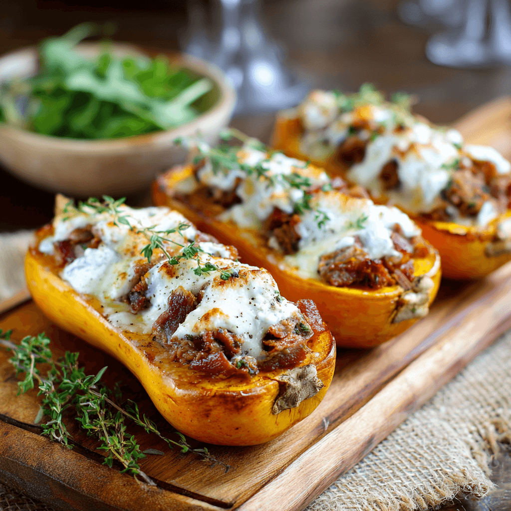 Recette de Butternut Farcie aux Lardons de boeuf et au Chèvre Fondant 