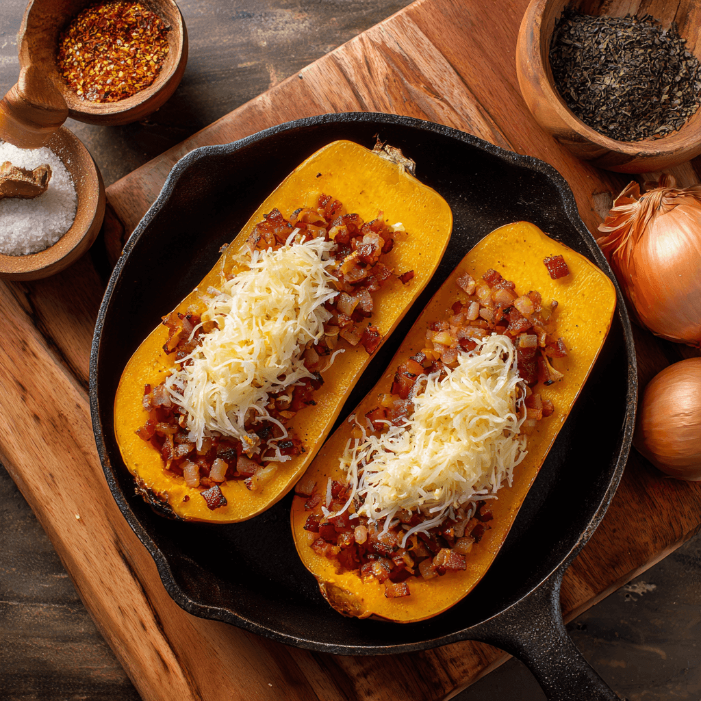 Recette de Butternut Farcie aux Lardons de boeuf et au Chèvre Fondant 