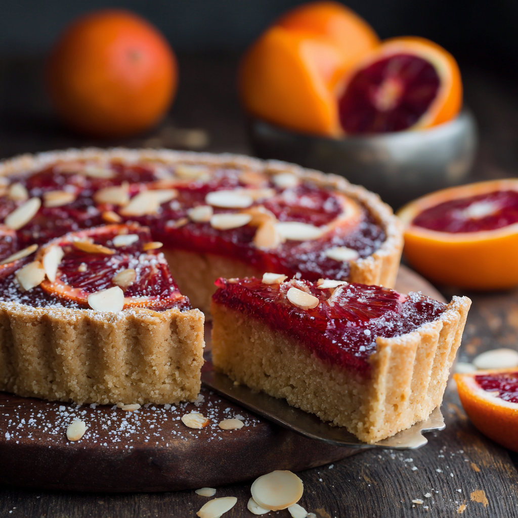 Tarte à l'orange sanguine et croûte aux amandes : découvrez la recette délicieuse !